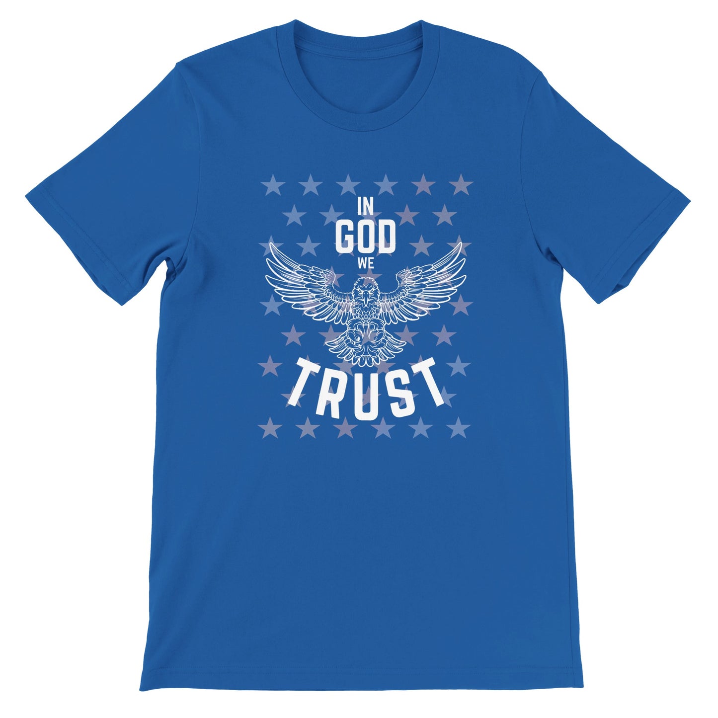 Show your love for God and country with our patriotic women's Christian t-shirt featuring a majestic eagle and the words 'In God We Trust'. Available in black and royal blue with a stunning star overlay it's the perfect July 4th graphic tee. Great for any proud American Christian woman! 