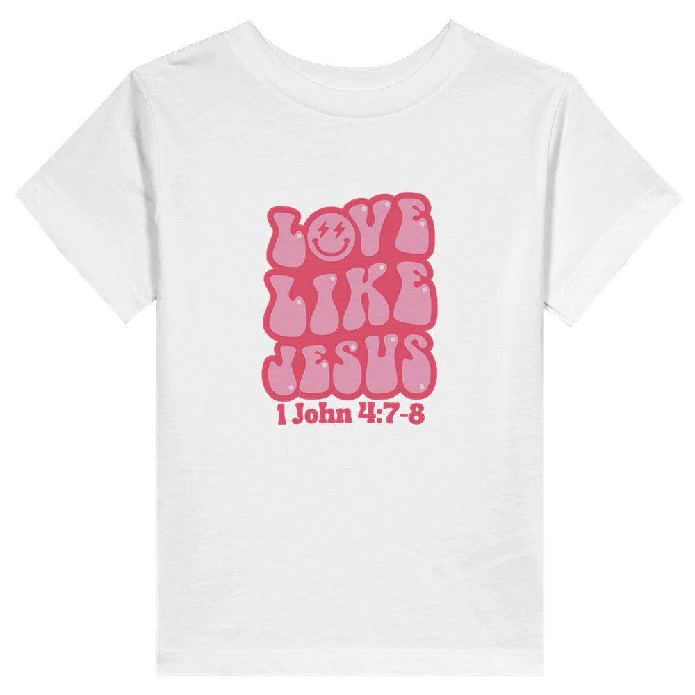 Love Like Jesus Toddler Tee, Retro Christian Baby Tees, Funky Happy Face Faith T, 1 John 4:7-8, Casual Church Outfit for Baby Girls