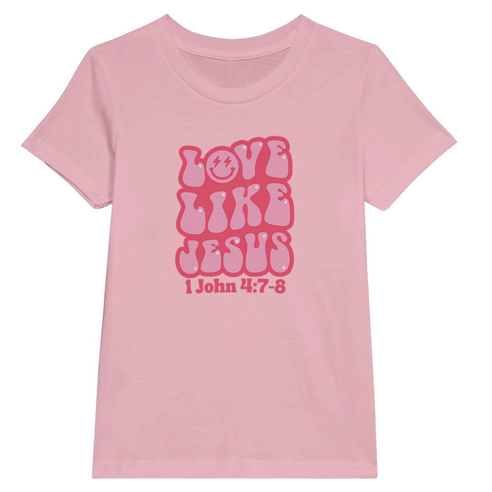 Love Like Jesus Girls Tee, Retro Christian Kids Tees, Funky Happy Face Faith T, 1 John 4:7, Casual Church Outfit for Kids, Godly Tween Gifts