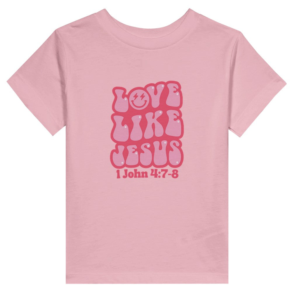 Love Like Jesus Toddler Tee, Retro Christian Baby Tees, Funky Happy Face Faith T, 1 John 4:7-8, Casual Church Outfit for Baby Girls