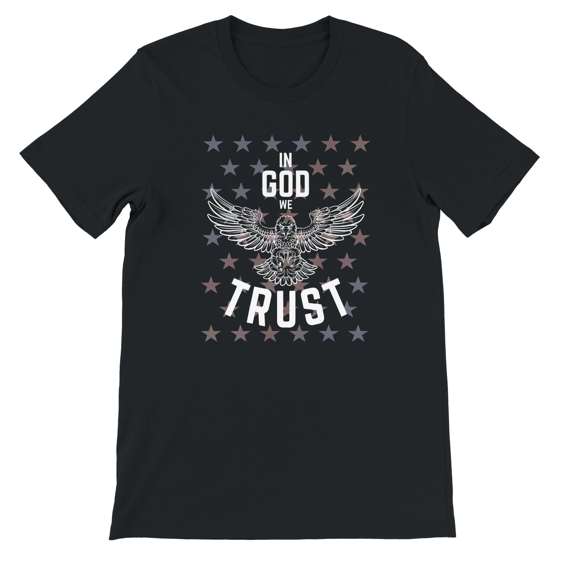 Show your love for God and country with our patriotic women's Christian t-shirt featuring a majestic eagle and the words 'In God We Trust'. Available in black and royal blue with a stunning star overlay it's the perfect July 4th graphic tee. Great for any proud American Christian woman! 