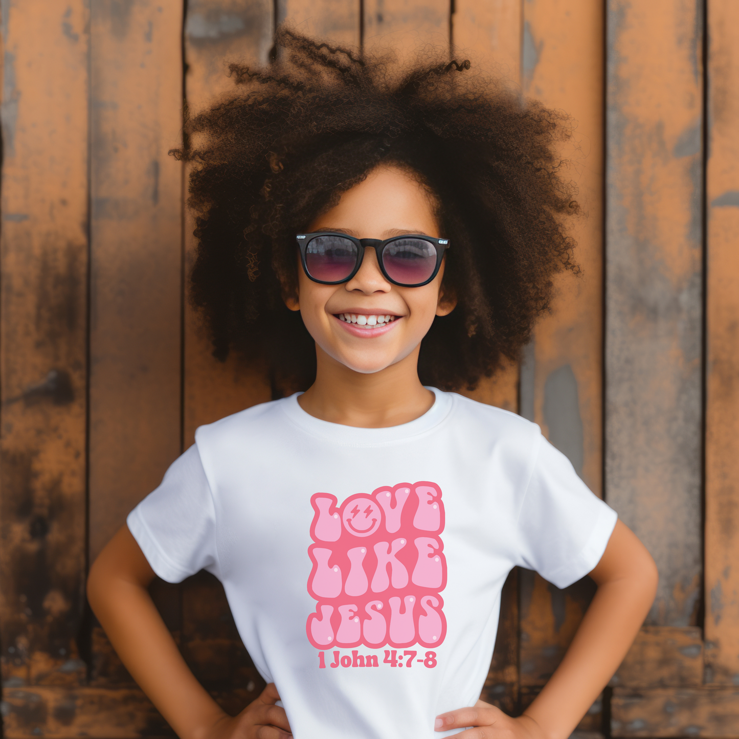 Love Like Jesus Girls Tee, Retro Christian Kids Tees, Funky Happy Face Faith T, 1 John 4:7, Casual Church Outfit for Kids, Godly Tween Gifts