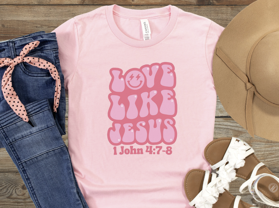 Love Like Jesus Girls Tee, Retro Christian Kids Tees, Funky Happy Face Faith T, 1 John 4:7, Casual Church Outfit for Kids, Godly Tween Gifts