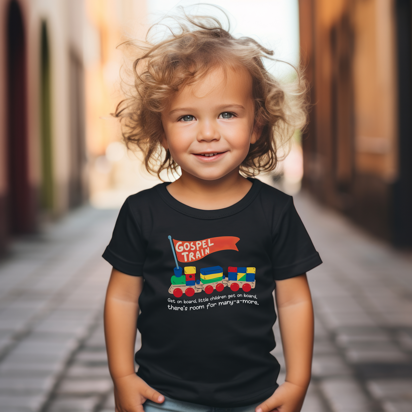 Christian Train T-shirt, Gospel Shirt for Toddlers, Baby Boy Wooden Toy Tee, Get On Board Little Children, Evangelical T for Babies