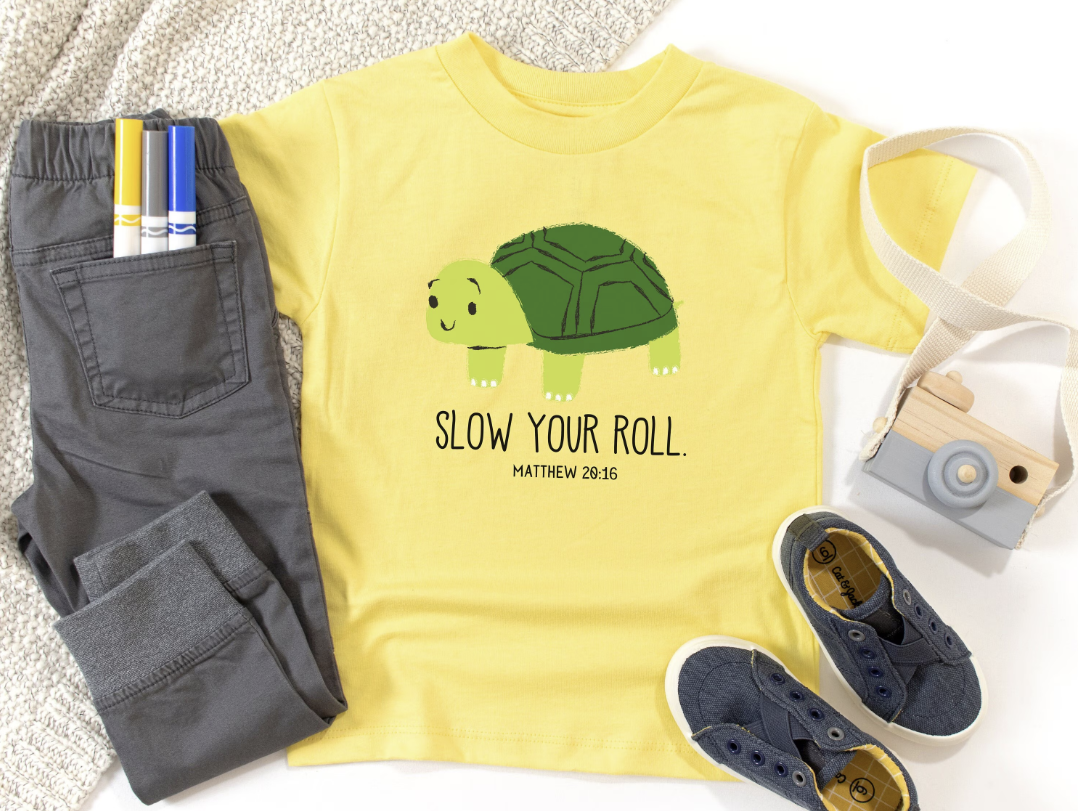 Slow Your Roll Toddler Shirt, Turtle T for Baby Boy, Funny Faith Baby t-shirt, Matthew 20:16, The First Shall Be Last, Biblical T for Baby