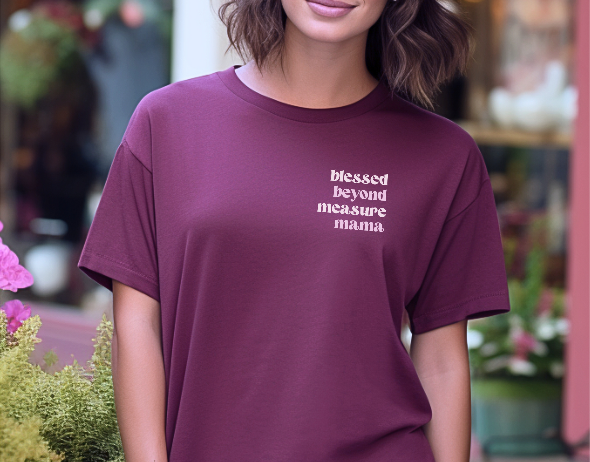 Blessed Beyond Measure Mama Front and Back Christian Mom T-Shirt, He Has Done Great Things For Me Flower Apparel, Meaningful Momma Retro Tee