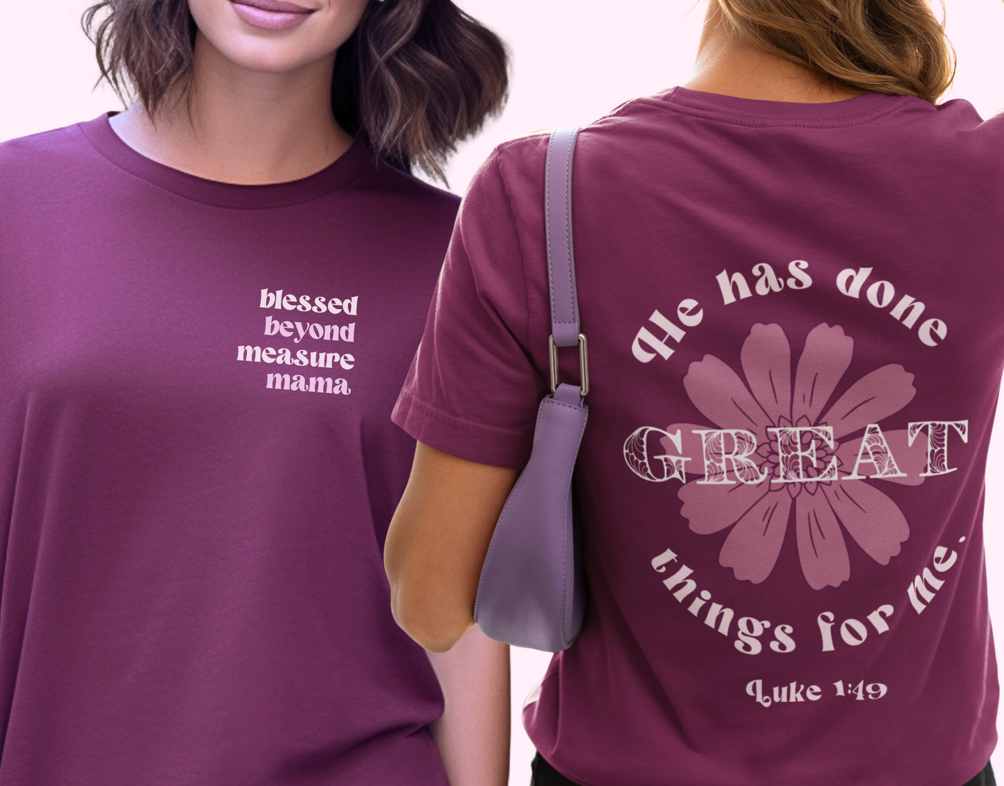 Blessed Beyond Measure Mama Front and Back Christian Mom T-Shirt, He Has Done Great Things For Me Flower Apparel, Meaningful Momma Retro Tee