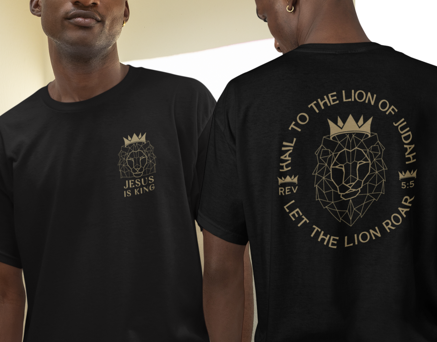 Jesus is King Hail To The Lion Of Judah Front and Back Design Geometric Lion Christian Men's T-Shirt