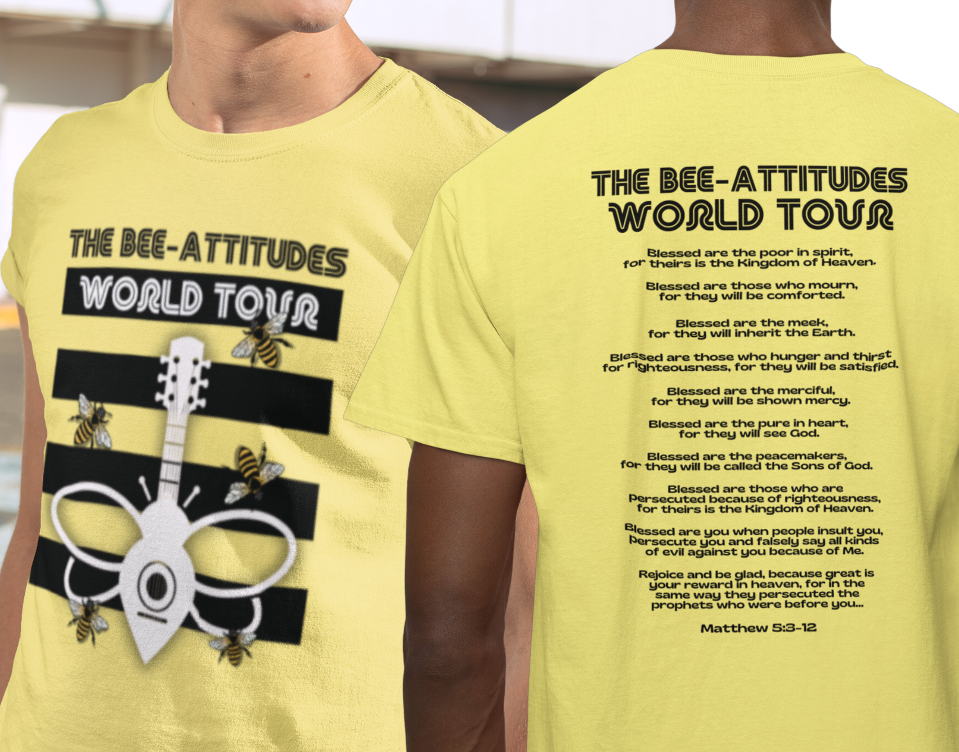 Funny 'Bee Attitudes' Rock Band Matthew 5:3-12 Front and Back Design Christian Men's T-Shirt 