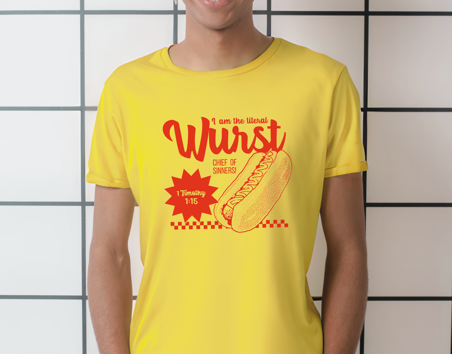 1 Timothy 1:15 "I am the Literal Wurst" Hotdog Christian Men's T-Shirt