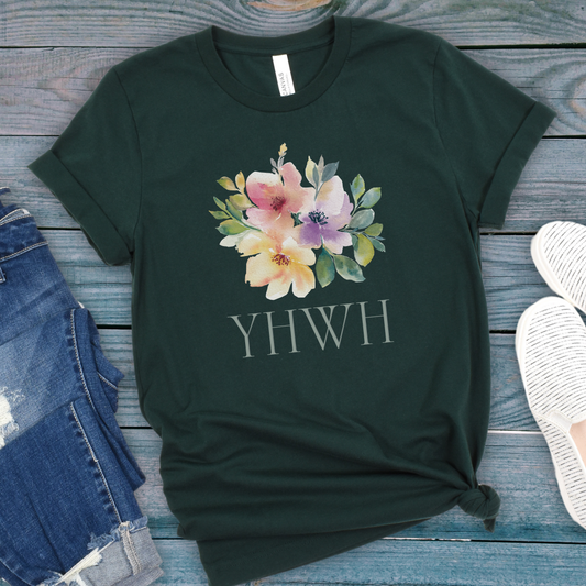 YHWH, Yehweh Floral Tee, Minimalist Jesus T-Shirt, Modern Chic Faith Apparel, Trendy Church Outfit for Her, Watercolor Flower Top, Yeshua