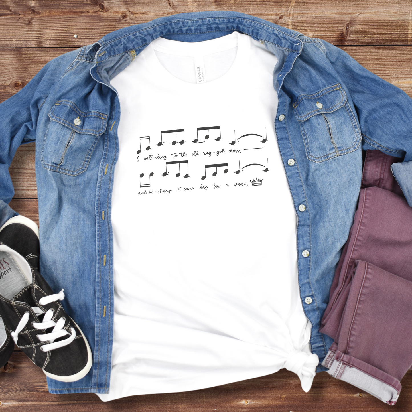 Old Rugged Cross Music Notes Tee, Piano Teacher Apparel Gift, Trendy Church Outfit, Worship Gifts for Her, Vintage Hymn Ts