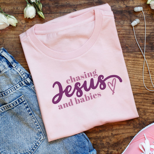 Chasing Jesus and Babies Christian Mom T-Shirt, Faith-Based Mama Graphic Tee, Mother's Day Giftable Apparel for Religious Young New Mother