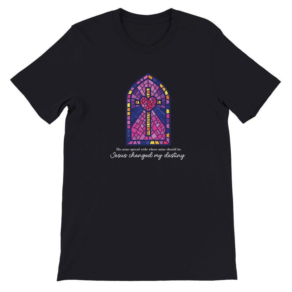 Stained Glass Cross with Heart Christian Shirt For Women, His Arms Spread Wide Where Mine Should Be, Jesus Changed My Destiny Biblical Quote