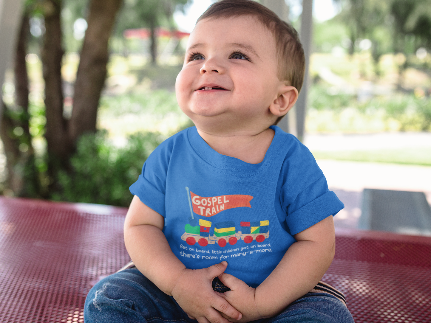 Christian Train T-shirt, Gospel Shirt for Toddlers, Baby Boy Wooden Toy Tee, Get On Board Little Children, Evangelical T for Babies