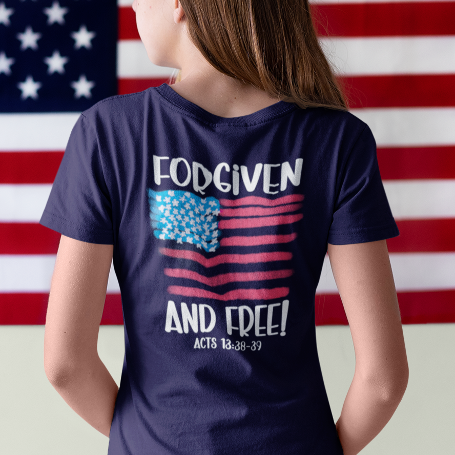 Forgiven and Free Acts 13:38-39 American Flag Front and Back Design Patriotic Christian Women's T-Shirt