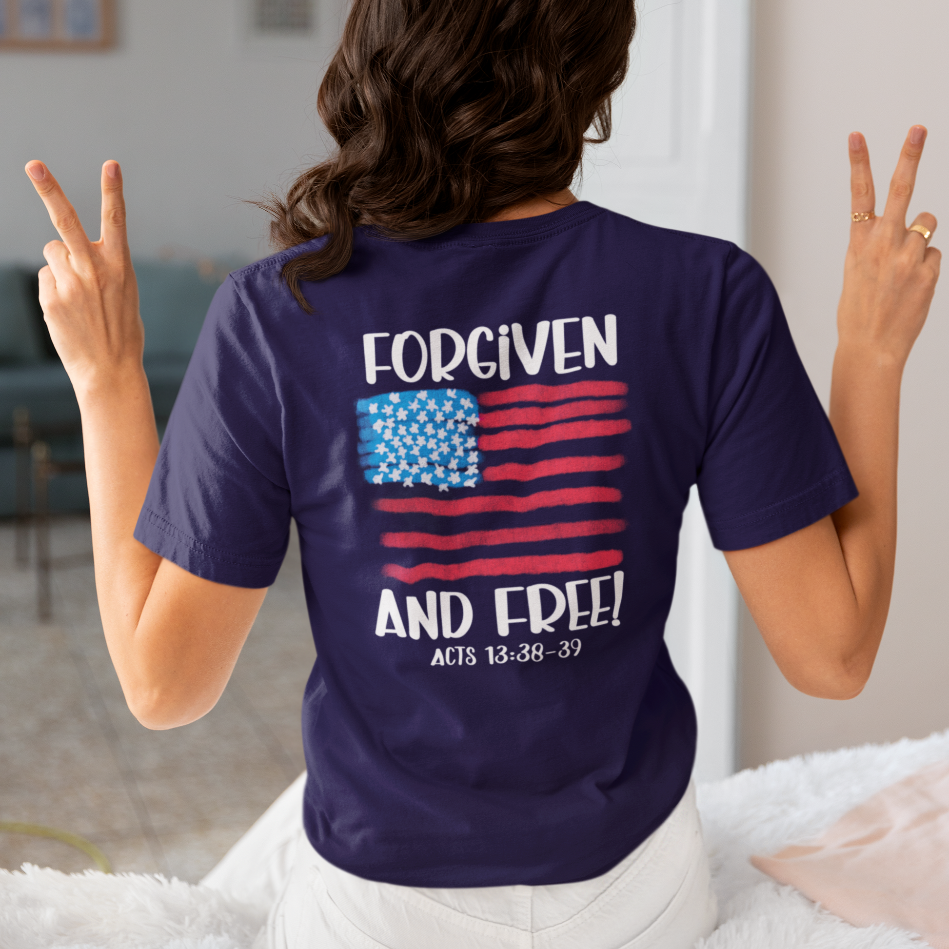 Forgiven and Free Acts 13:38-39 American Flag Front and Back Design Patriotic Christian Women's T-Shirt