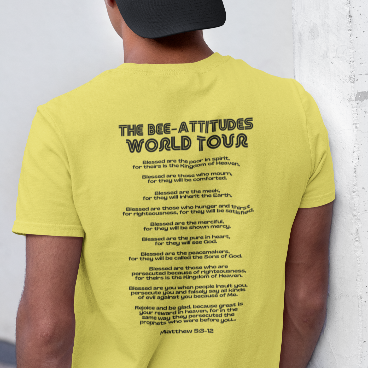 Funny 'Bee Attitudes' Rock Band Matthew 5:3-12 Front and Back Design Christian Men's T-Shirt 