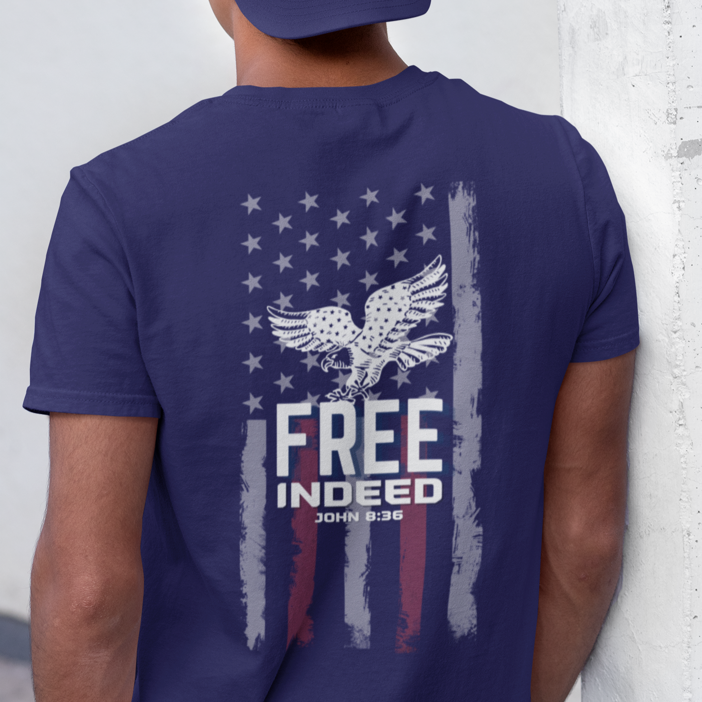 Free Indeed John 8:36 American Flag Eagle Christian Men's Front and Back Design T-Shirt