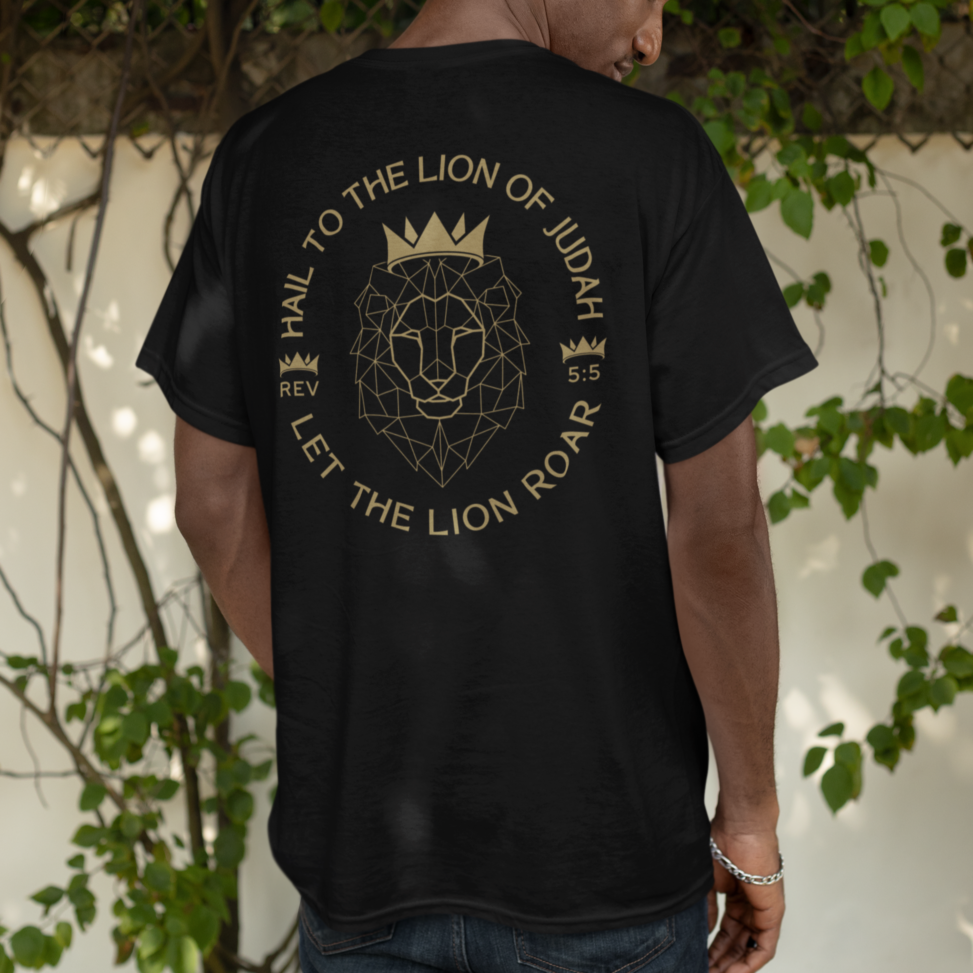 Jesus is King Hail To The Lion Of Judah Front and Back Design Geometric Lion Christian Men's T-Shirt