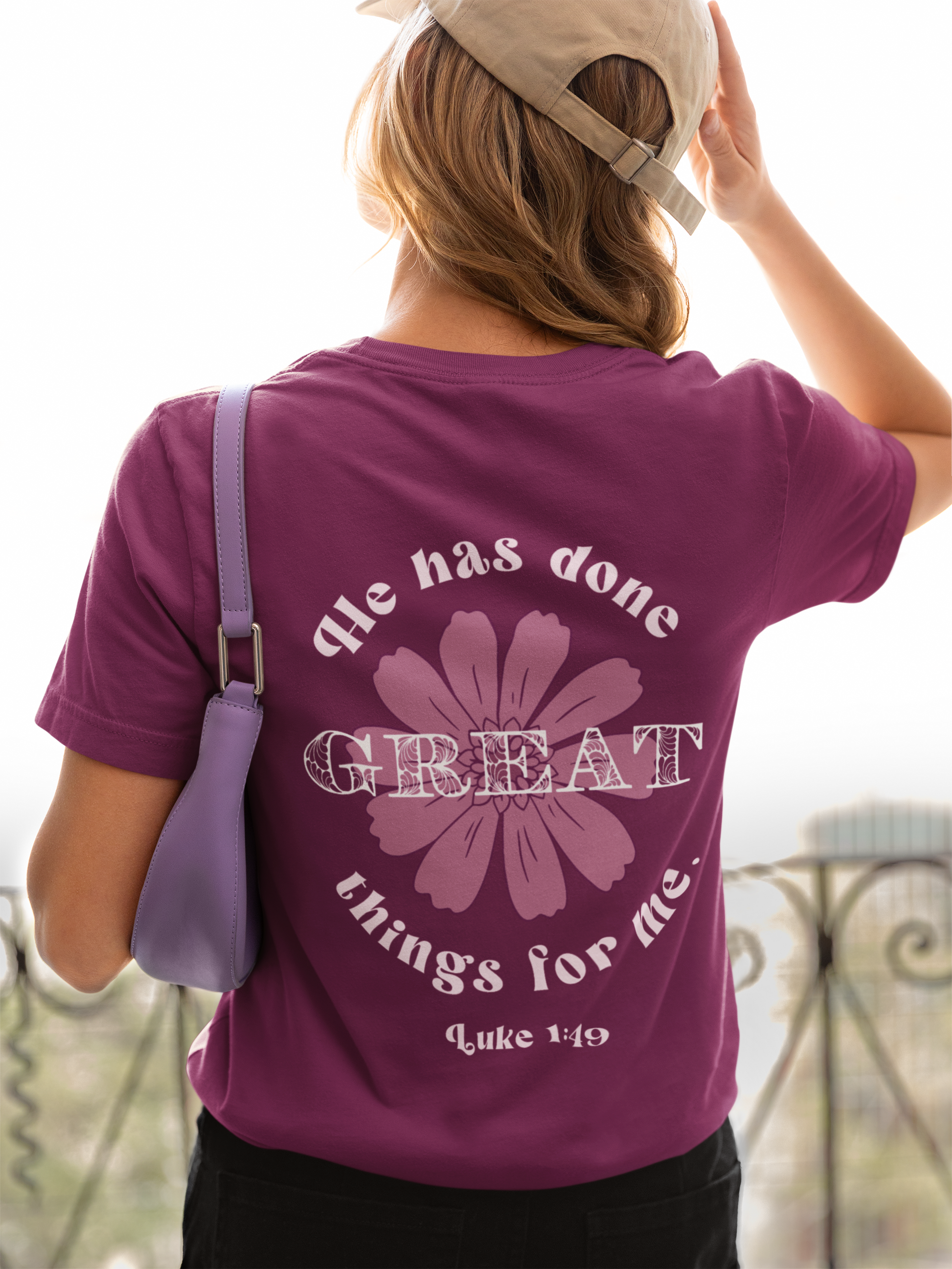 Blessed Beyond Measure Mama Front and Back Christian Mom T-Shirt, He Has Done Great Things For Me Flower Apparel, Meaningful Momma Retro Tee