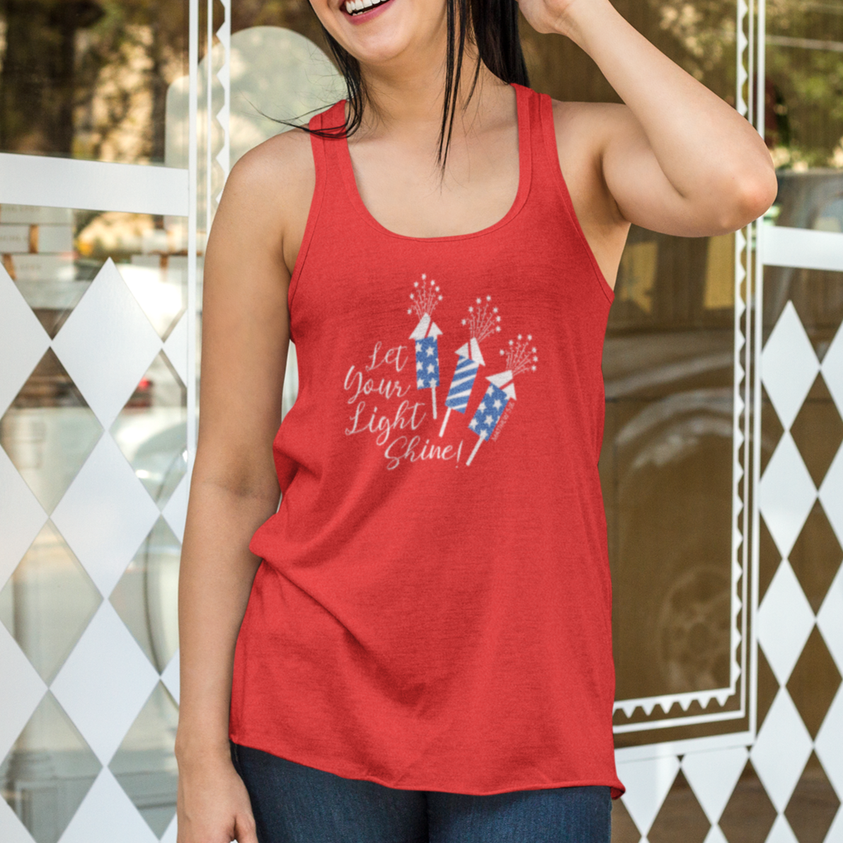 Let Your Light Shine Matthew 5:16 Patriotic Christian Women's Flowy Racerback Tank Top