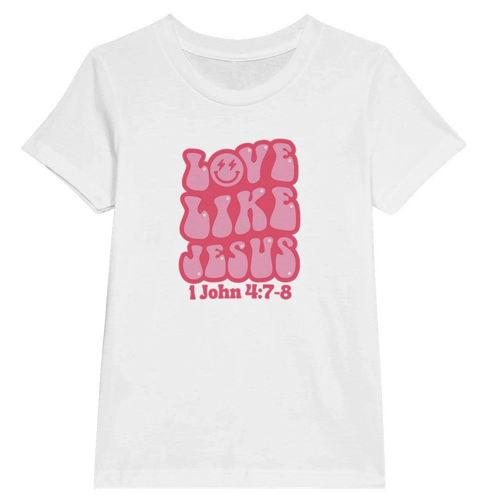 Love Like Jesus Girls Tee, Retro Christian Kids Tees, Funky Happy Face Faith T, 1 John 4:7, Casual Church Outfit for Kids, Godly Tween Gifts