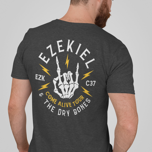 Ezekiel And The Dry Bones Rock On Skeleton Front and Back Design Christian Men's T-Shirt