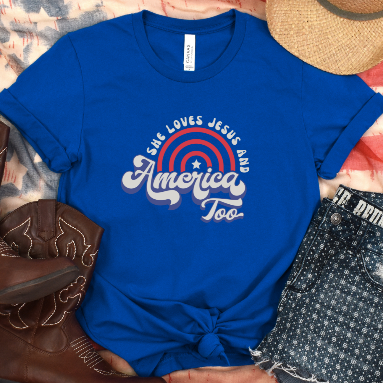 She Loves Jesus and America Too Vintage Patriotic Christian Women's T-Shirt