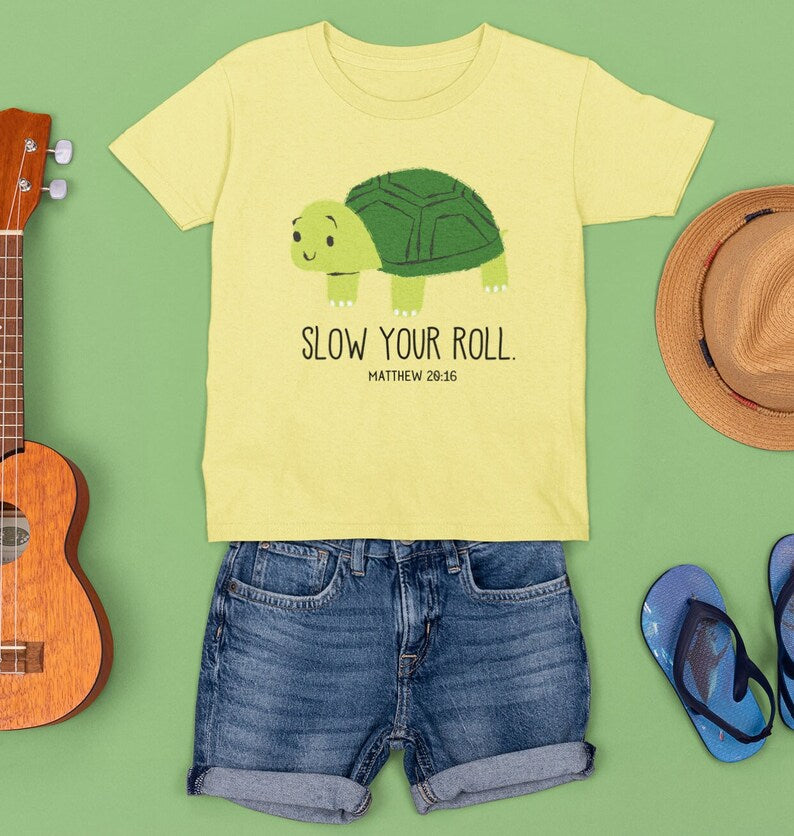 Slow Your Roll Toddler Shirt, Turtle T for Baby Boy, Funny Faith Baby t-shirt, Matthew 20:16, The First Shall Be Last, Biblical T for Baby