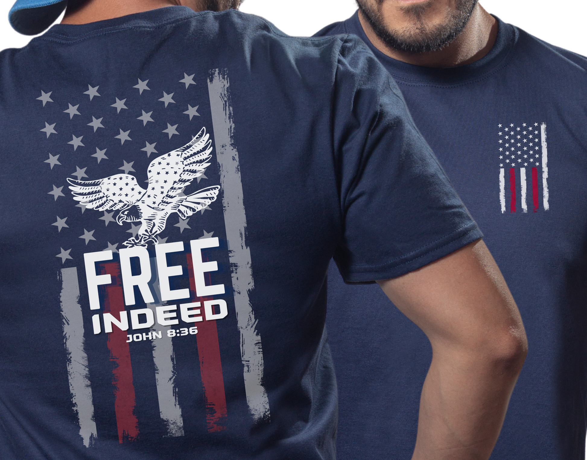 Free Indeed John 8:36 American Flag Eagle Christian Men's Front and Back Design T-Shirt