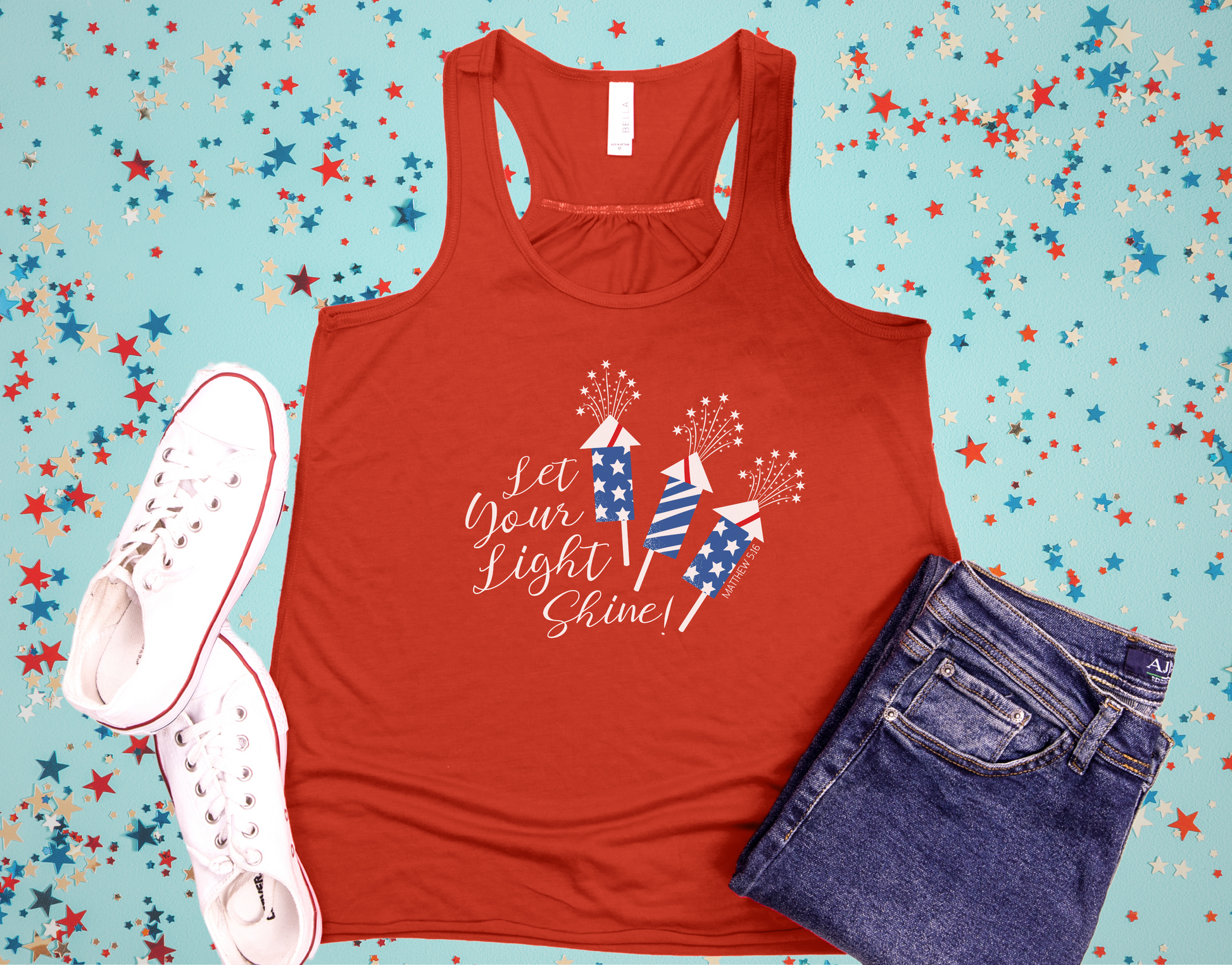 Let Your Light Shine Matthew 5:16 Patriotic Christian Women's Flowy Racerback Tank Top