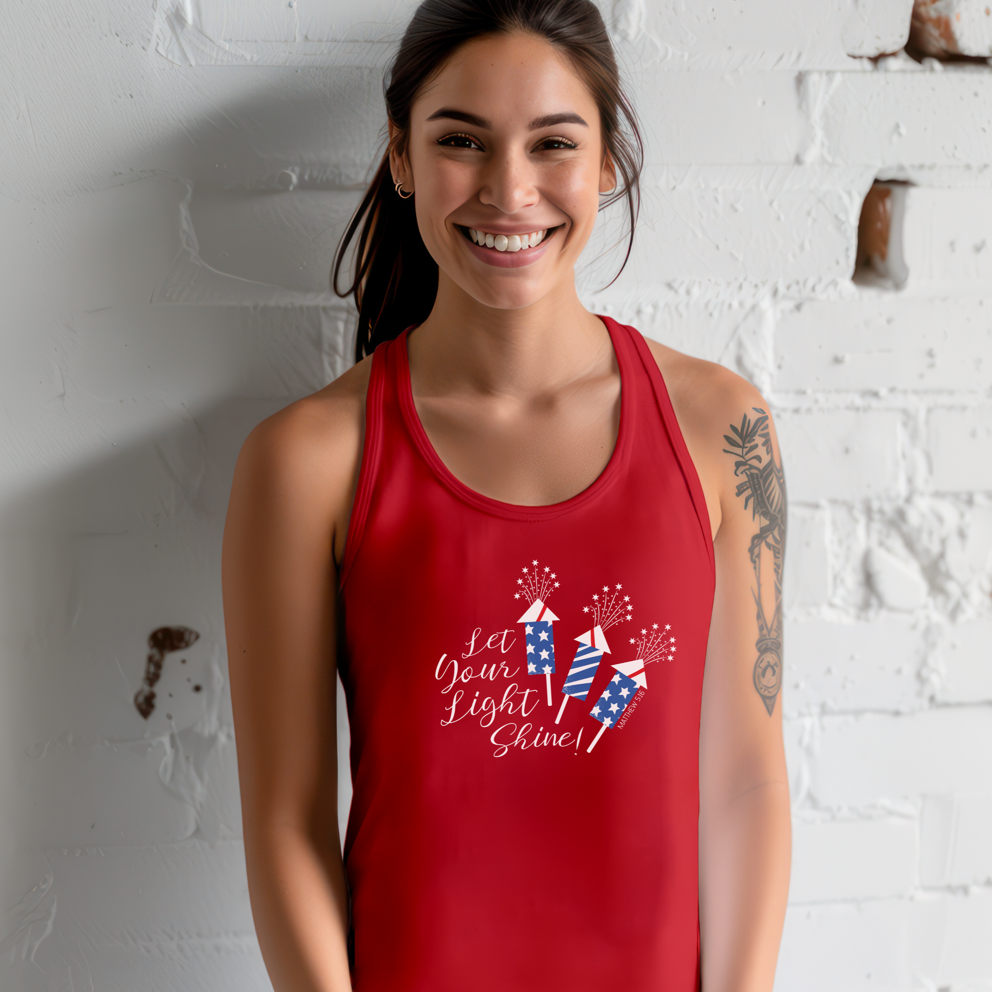 Let Your Light Shine Matthew 5:16 Patriotic Christian Women's Flowy Racerback Tank Top