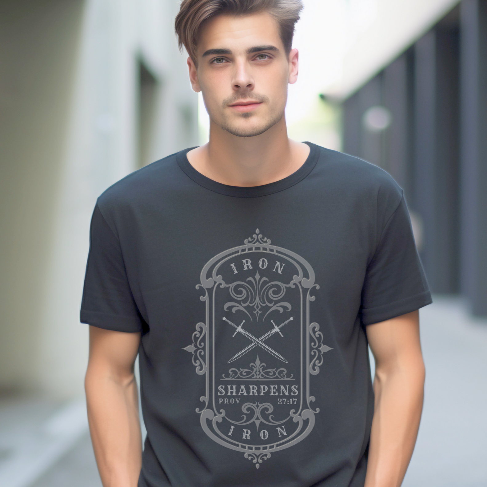 Iron Sharpens Iron Proverbs 27:17 Christian Men's T-Shirt