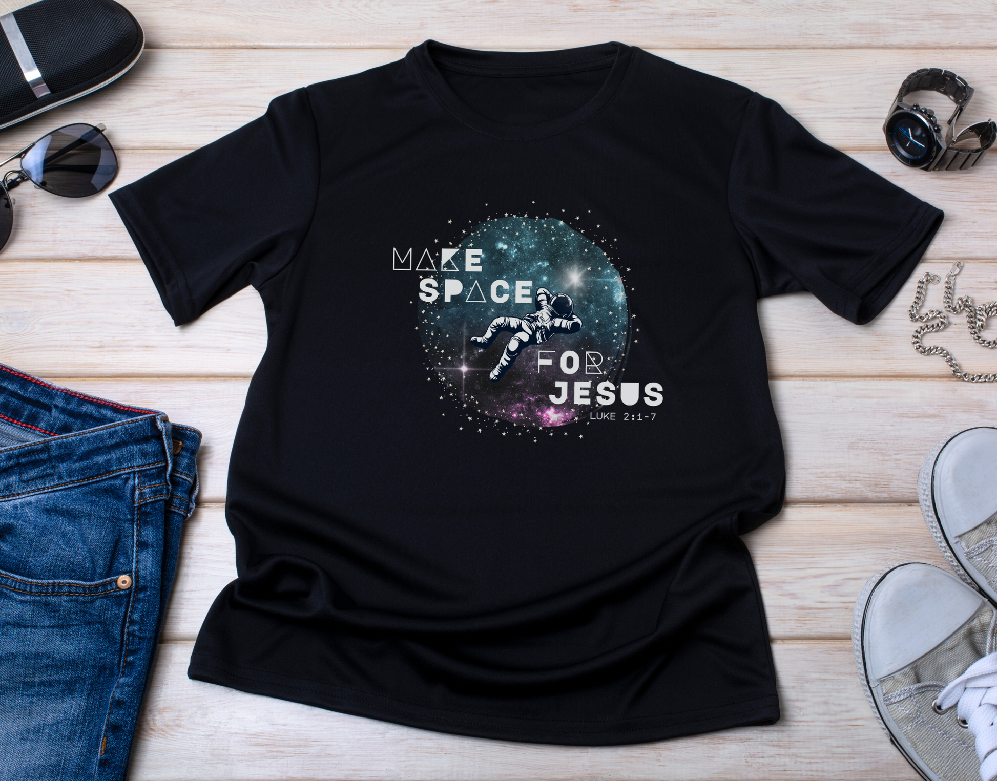 Make Space for Jesus Luke 2:1-7 Astronaut Christian Men's T-Shirt