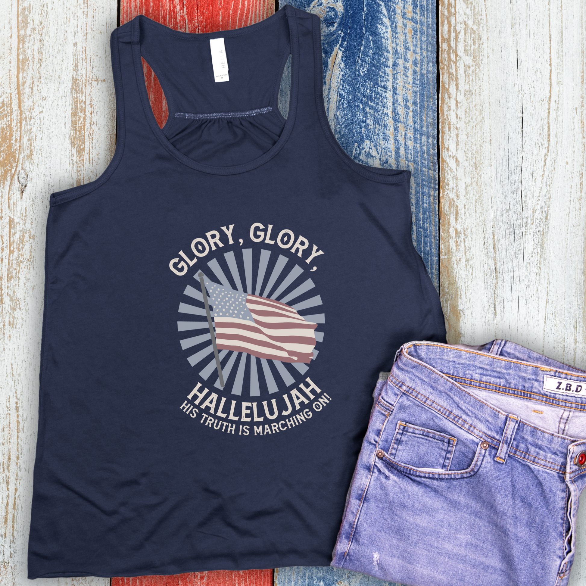 Glory Glory Hallelujah American Flag Patriotic Hymn Christian Women's Flowy Racerback Tank Top