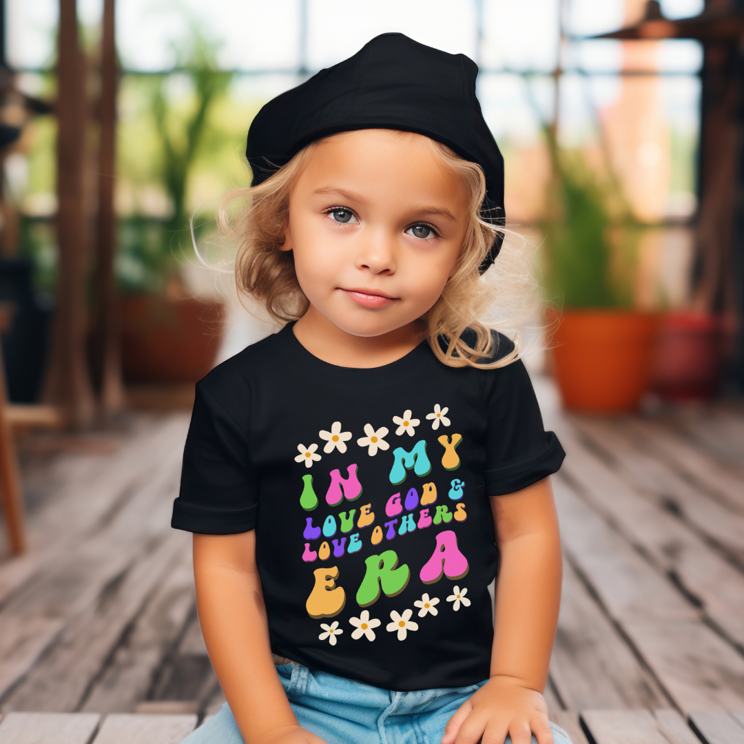 In My Era Toddler Faith T, Love God and Others, Little Girls Retro Faith Top, Flower Power Tshirt for Toddlers, Evangelical Baby Girl Shirt