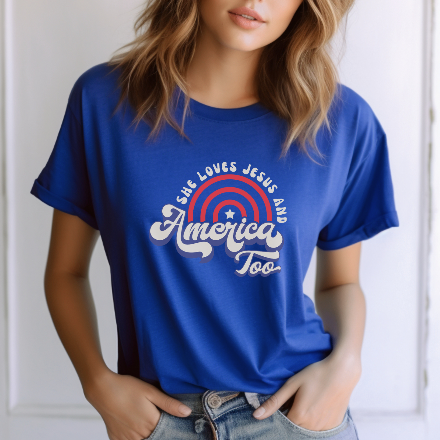 She Loves Jesus and America Too Vintage Patriotic Christian Women's T-Shirt