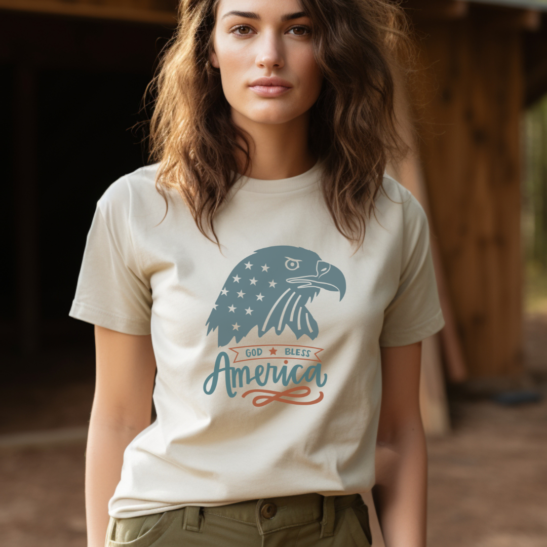 God Bless America Eagle Head Patriotic Christian Women's T-Shirt