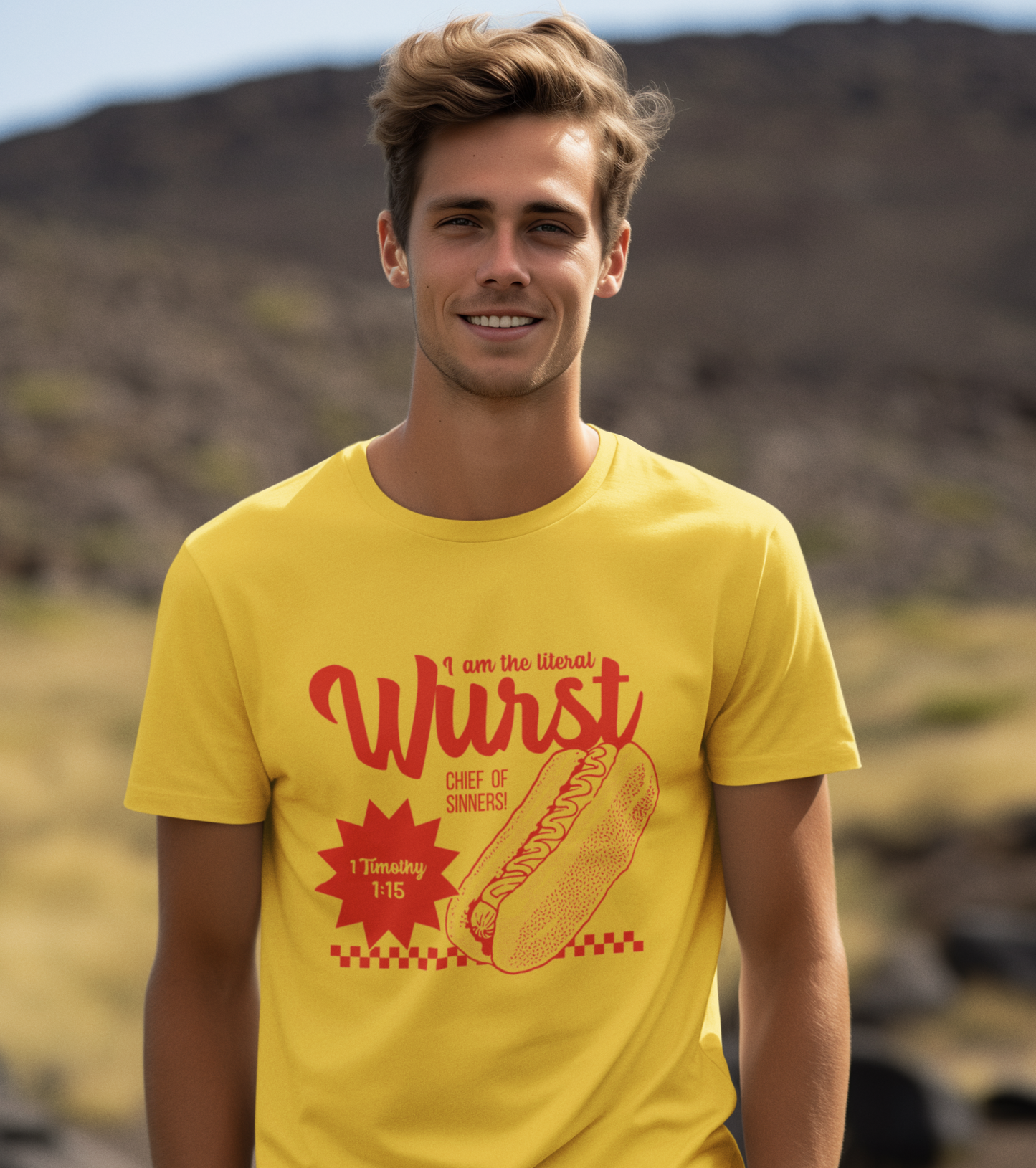 1 Timothy 1:15 "I am the Literal Wurst" Hotdog Christian Men's T-Shirt