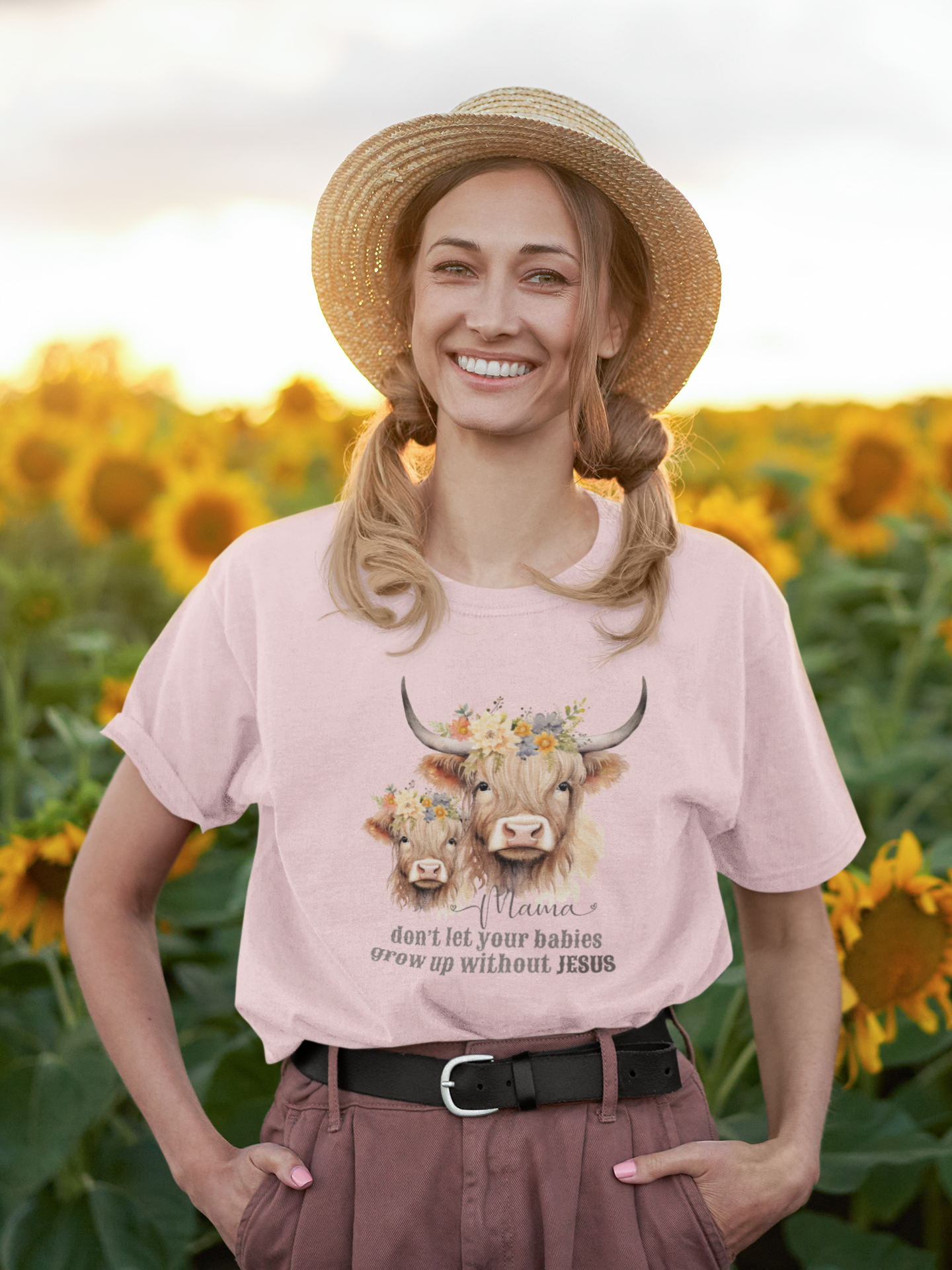 Mamas Don't Let Your Babies Grow Up Without Jesus Christian Mom T-Shirt, Highland Heifer Mother Cow with Calf Floral Crown Shirt Design