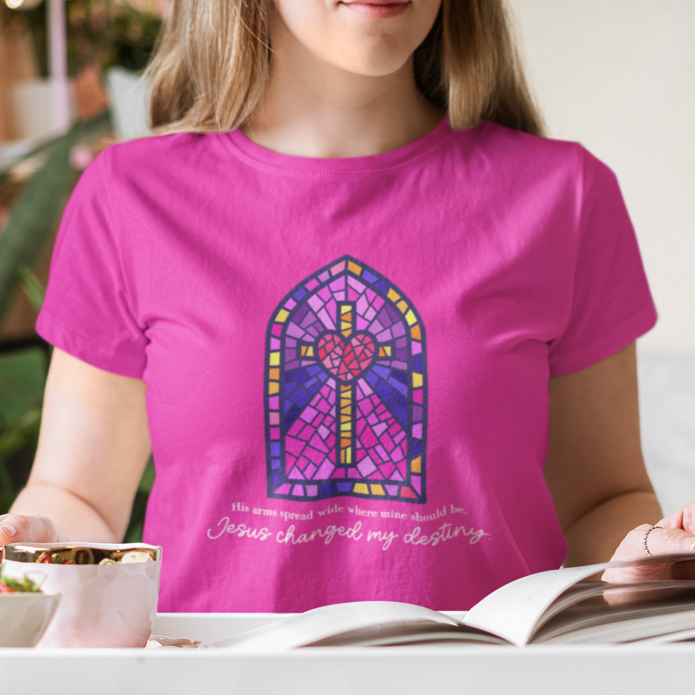 Stained Glass Cross with Heart Christian Shirt For Women, His Arms Spread Wide Where Mine Should Be, Jesus Changed My Destiny Biblical Quote