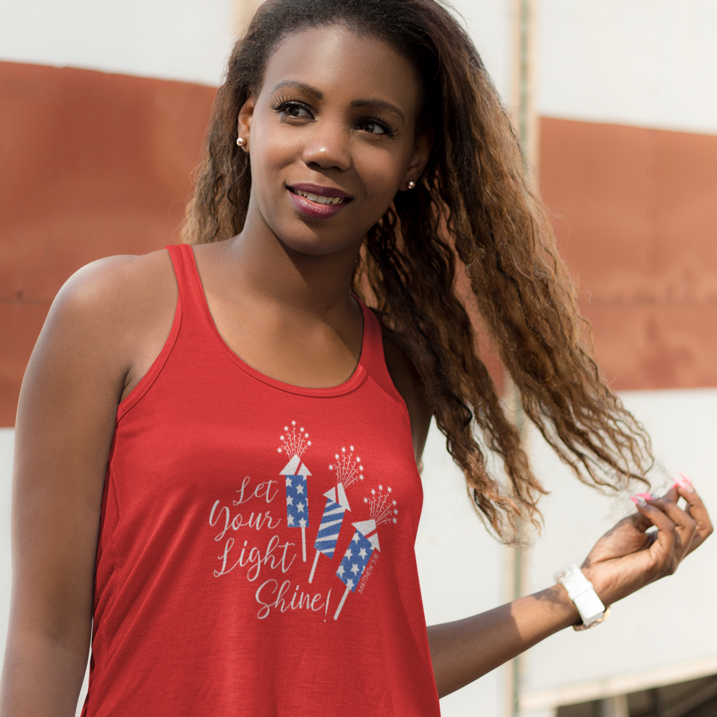 Let Your Light Shine Matthew 5:16 Patriotic Christian Women's Flowy Racerback Tank Top