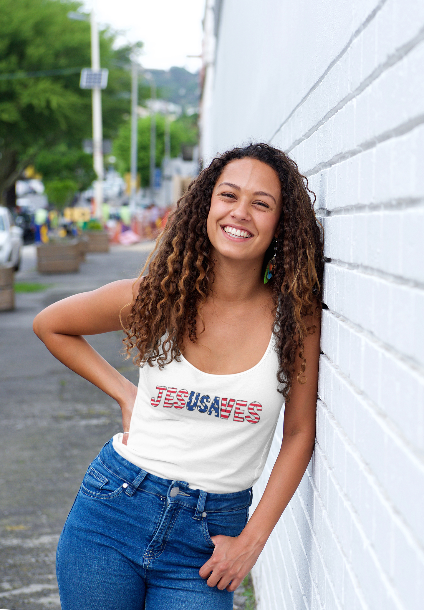 Jesus Saves USA Patriotic Christian Women's Flowy Racerback Tank Top