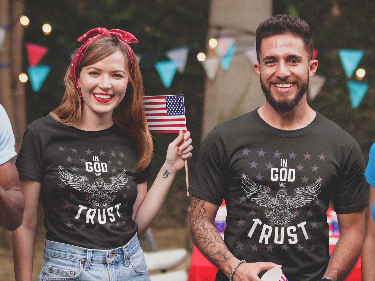 Show your love for God and country with our patriotic women's Christian t-shirt featuring a majestic eagle and the words 'In God We Trust'. Available in black and royal blue with a stunning star overlay it's the perfect July 4th graphic tee. Great for any proud American Christian woman! 