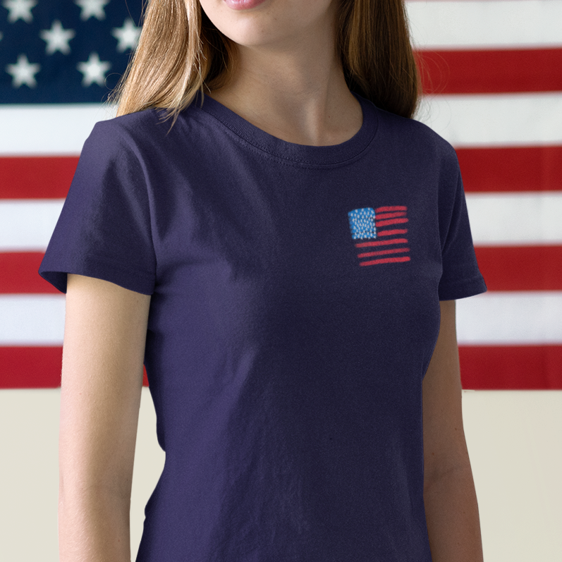 Forgiven and Free Acts 13:38-39 American Flag Front and Back Design Patriotic Christian Women's T-Shirt